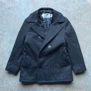 Schott NYC US 740N Pea Jacket Navy Wool Double Breasted Coat 10 Made in USA